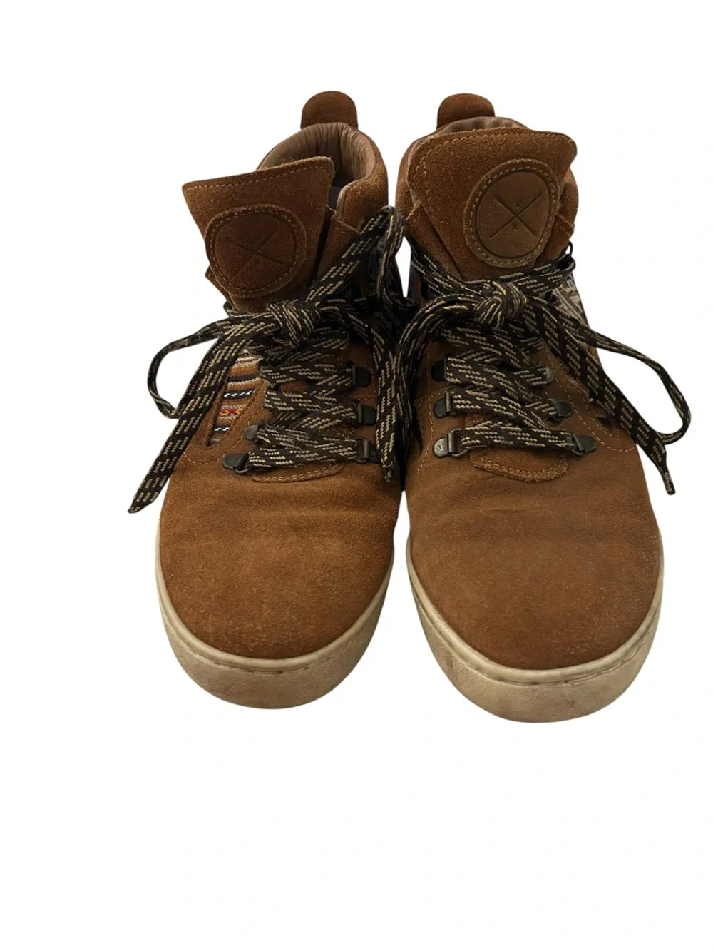 Inkkas brown suede camping boots featuring traditional Peruvian textile inlays